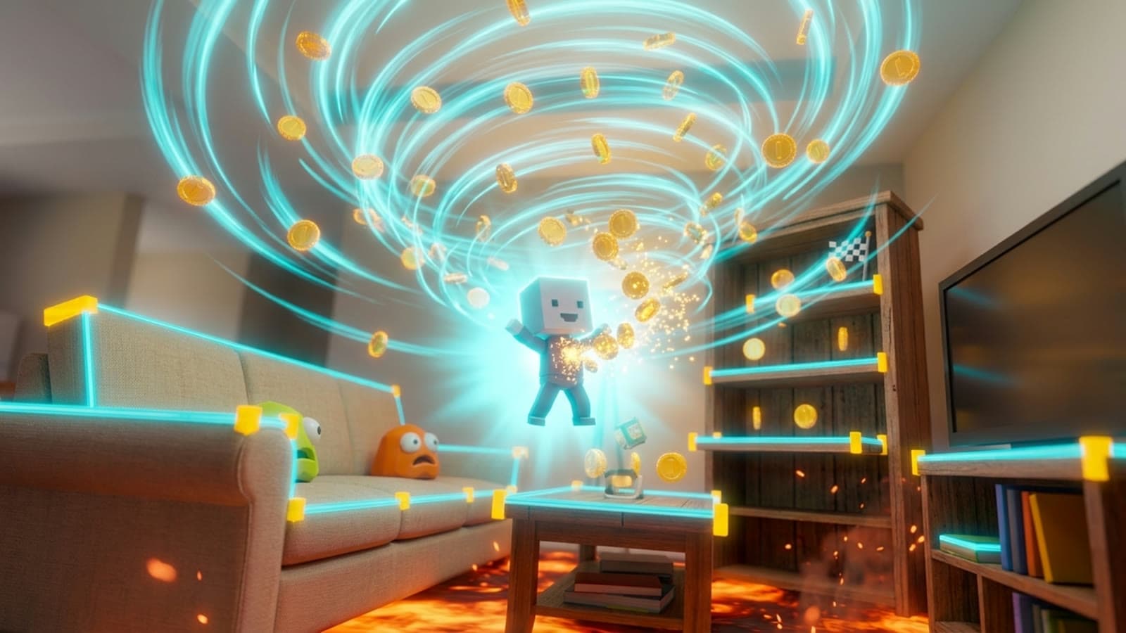 ScanRunner mixed-reality platformer promo art of a blocky runner bursting through a scanned living room